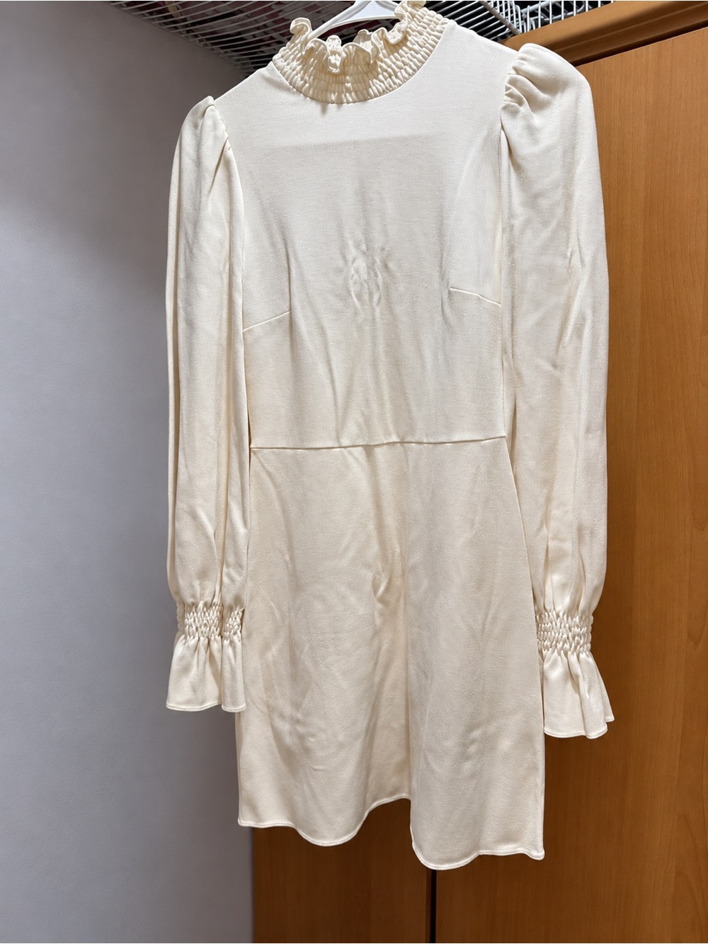 Imperial Cream Smocked High-Neck Puff-Sleeve Dress